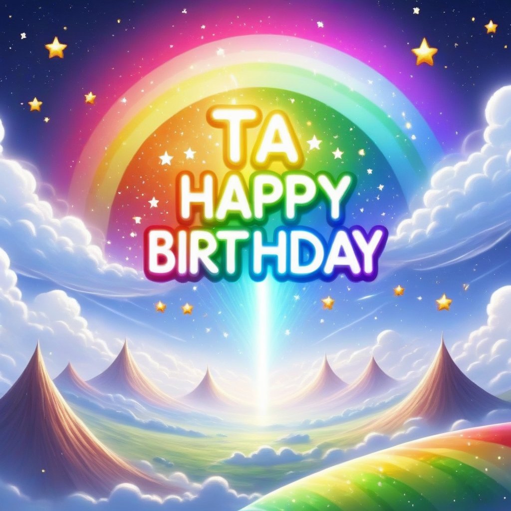 ("TA happy birthday" text logo:1.5), beautiful landscape, rainbow, space, clouds, stars, birthday