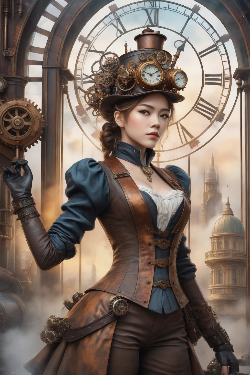 high quality, 8K Ultra HD, high detailed, Steampunk Time Voyager, Watercolor, wash technique, colorful, blurry, smudge outline, like a fairy tale, The protagonist, a courageous young beautiful woman adorned in a blend of vintage and futuristic attire, Embark on a thrilling journey through time in a steampunk-infused world, where past and future intertwine in perfect unison, This intricate digital art piece captures the essence of a daring time voyager exploring a Victorian-era metropolis with a steampunk twist, stands atop a colossal clock tower adorned with ornate cogs and gears, propelled by precise mechanical propellers, The city's architecture harmoniously blends classic Victorian elegance with intricate steampunk machinery, resulting in a visually captivating juxtaposition, by yukisakura, awesome full color,