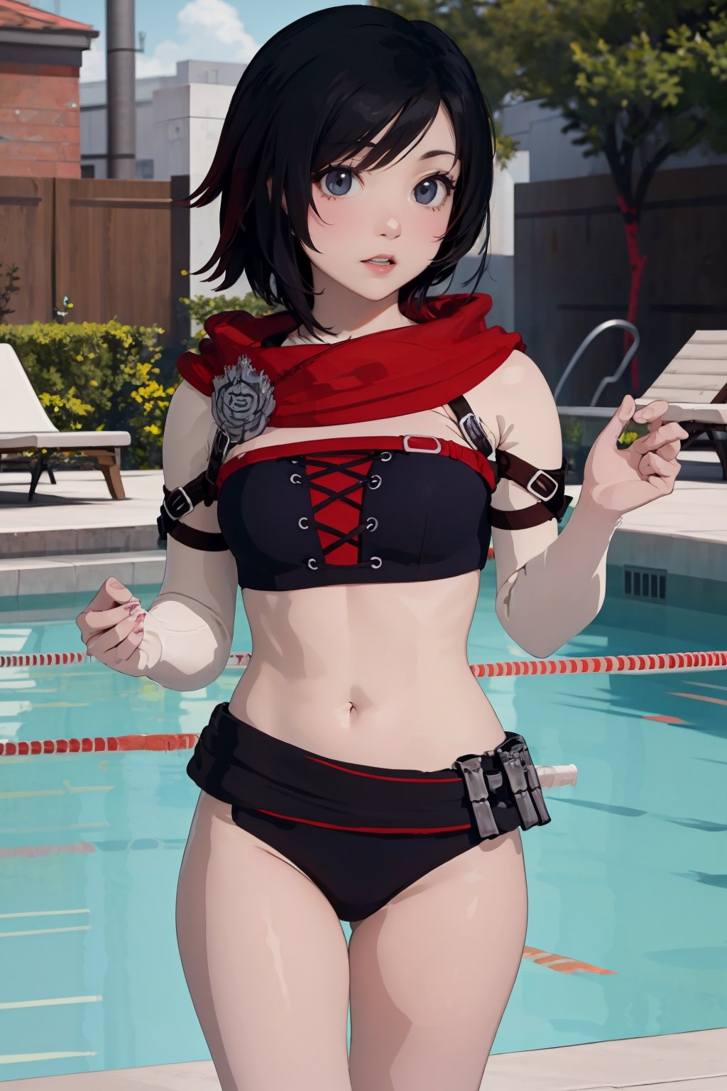Medium shot), solo, 1girl, ruby rose, Ruby_RWBY, rwby, cute smile, Silver_eyes,grey_eyes, looking at viewer, (perfect hands), outside, pool, red bikini, red clothes 