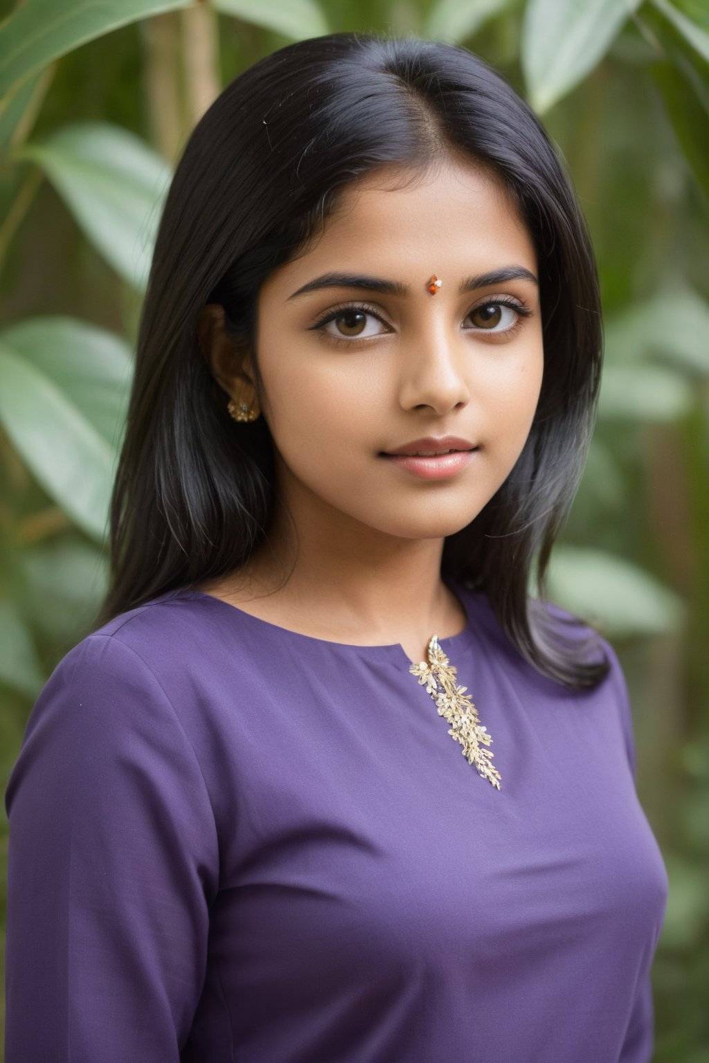 Ananya has expressive almond-shaped hazel eyes that radiate warmth and kindness. Her straight, shoulder-length black hair frames her heart-shaped face perfectly. She has a medium build with a graceful posture, and her skin has a soft, golden-brown glow.