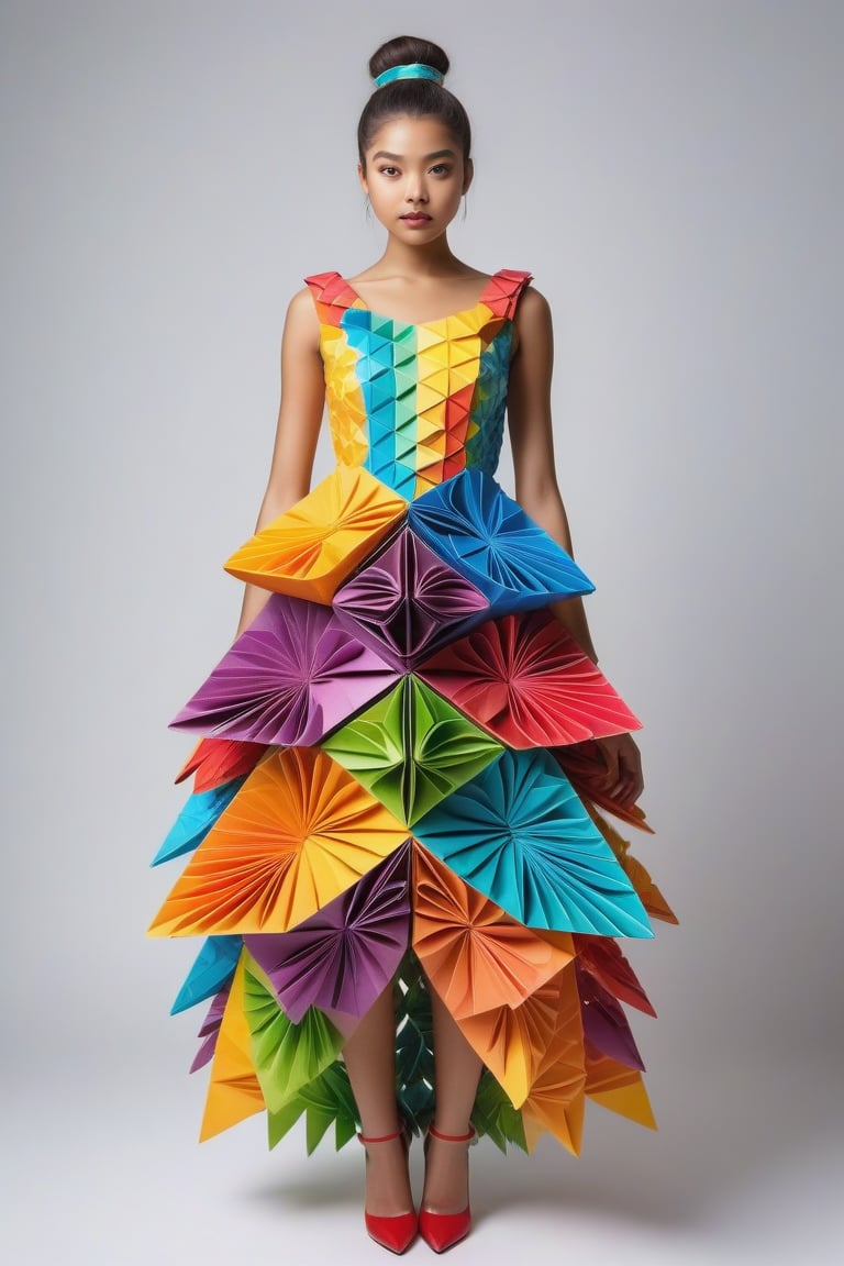 A 20-year-old girl wearing a striking outfit made of colorful origami paper. The paper is folded into intricate patterns and shapes, forming a unique and eye-catching dress. She stands confidently against a clean, white background, allowing the vivid colors and detailed folds of the origami attire to be the center of attention. Her expression is playful and creative, reflecting the artistic nature of her outfit.,Lisa