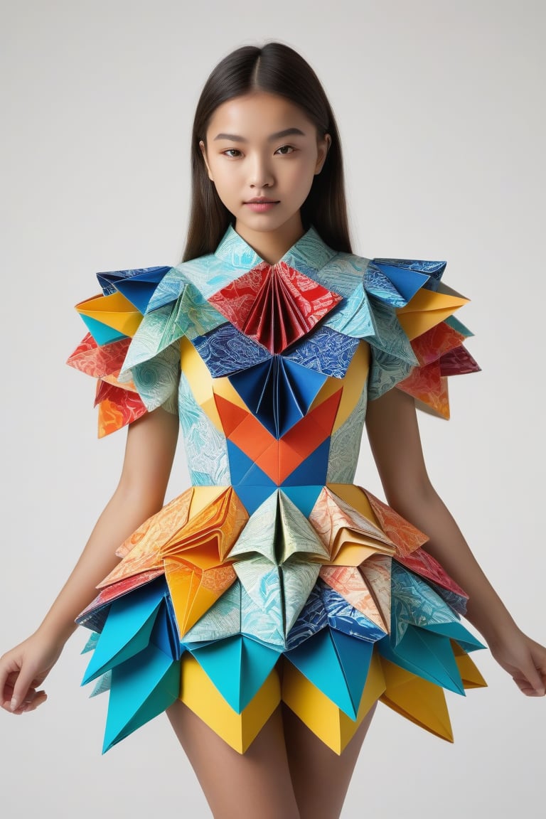 A 20-year-old girl wearing a striking outfit made of colorful origami paper. The paper is folded into intricate patterns and shapes, forming a unique and eye-catching dress. She stands confidently against a clean, white background, allowing the vivid colors and detailed folds of the origami attire to be the center of attention. Her expression is playful and creative, reflecting the artistic nature of her outfit.,Lisa