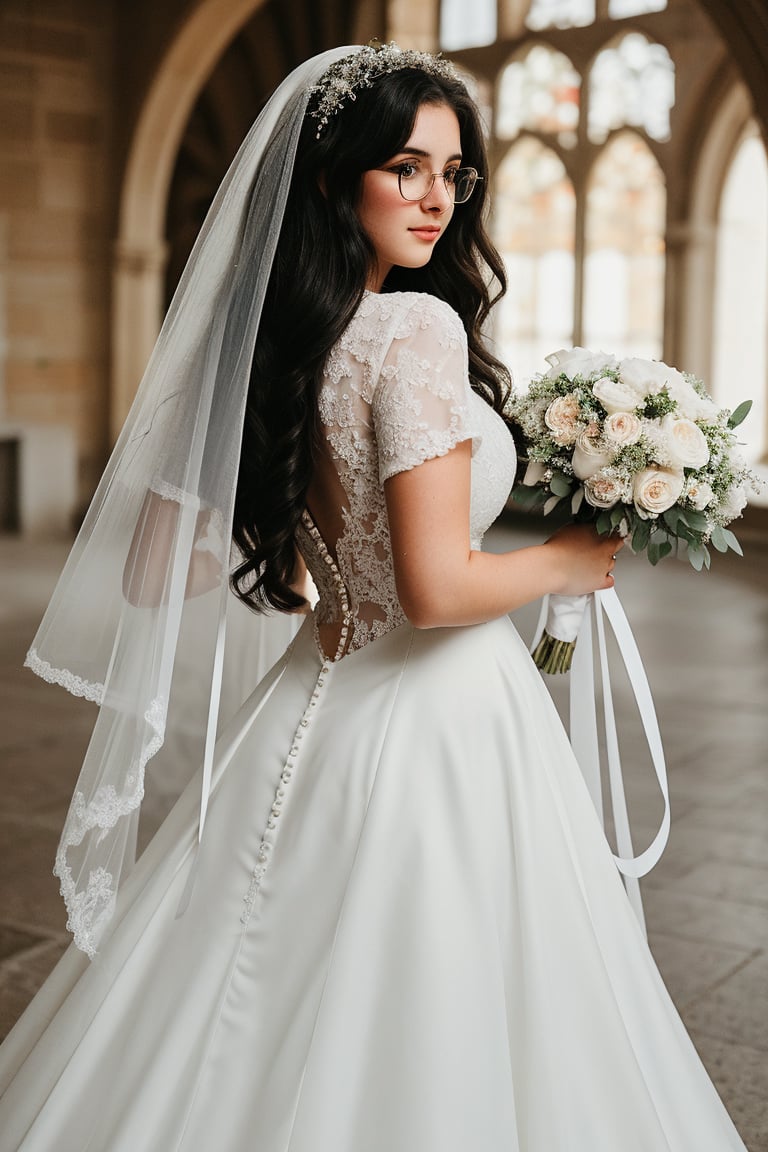 18 year old girl, in her first year of university, plump, tall, brunette, huge breasts, big nipples, big hips, long wavy hair, black hair, round glasses. dressed in beautiful wedding dress, white veil, bouquet of flowers, from behind,wedding dress