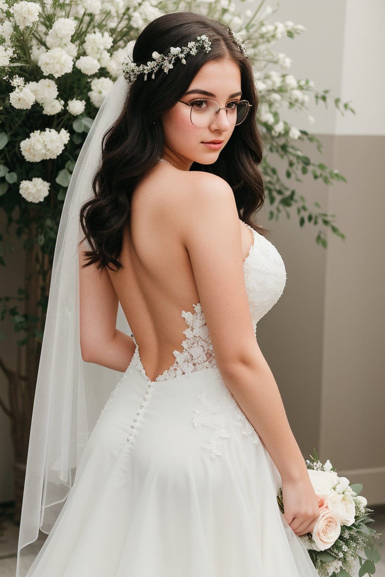 18 year old girl, in her first year of university, plump, tall, brunette, huge breasts, big nipples, big hips, long wavy hair, black hair, round glasses. dressed in beautiful wedding dress, white veil, bouquet of flowers, from behind