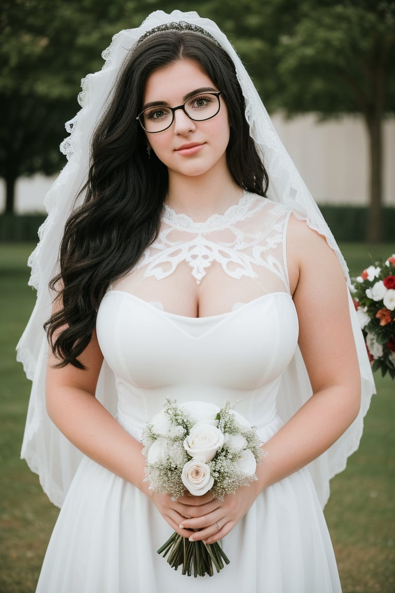 18 year old girl, in her first year of university, plump, tall, brunette, huge breasts, big nipples, big hips, long wavy hair, black hair, round glasses. dressed in beautiful wedding dress, white veil, bouquet of flowers,wedding dress,weddingdress