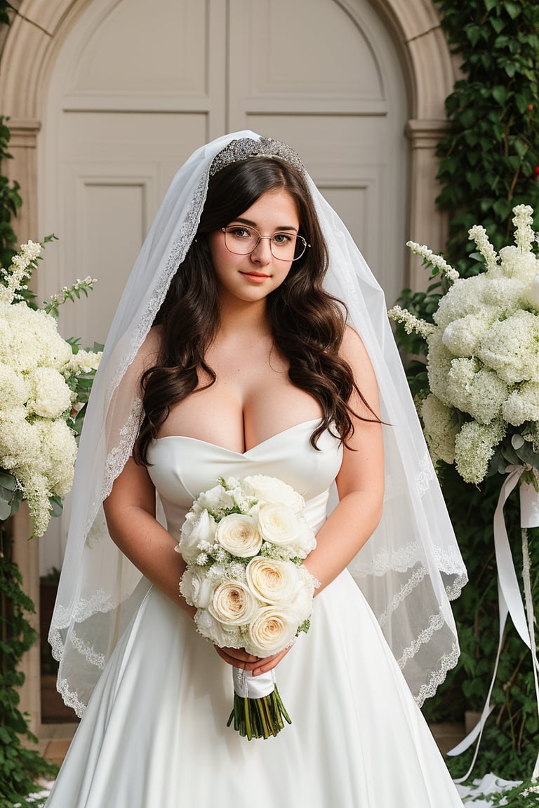 18 year old girl, in her first year of university, plump, tall, brunette, huge breasts, big nipples, big hips, long wavy hair, black hair, round glasses. dressed in beautiful wedding dress, white veil, bouquet of flowers,wedding dress