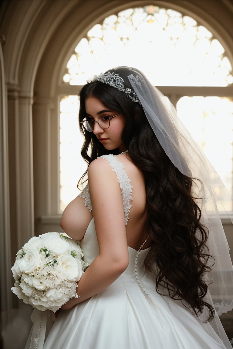 18 year old girl, in her first year of university, plump, tall, brunette, huge breasts, big nipples, big hips, long wavy hair, black hair, round glasses. dressed in beautiful wedding dress, white veil, bouquet of flowers, from behind,wedding dress