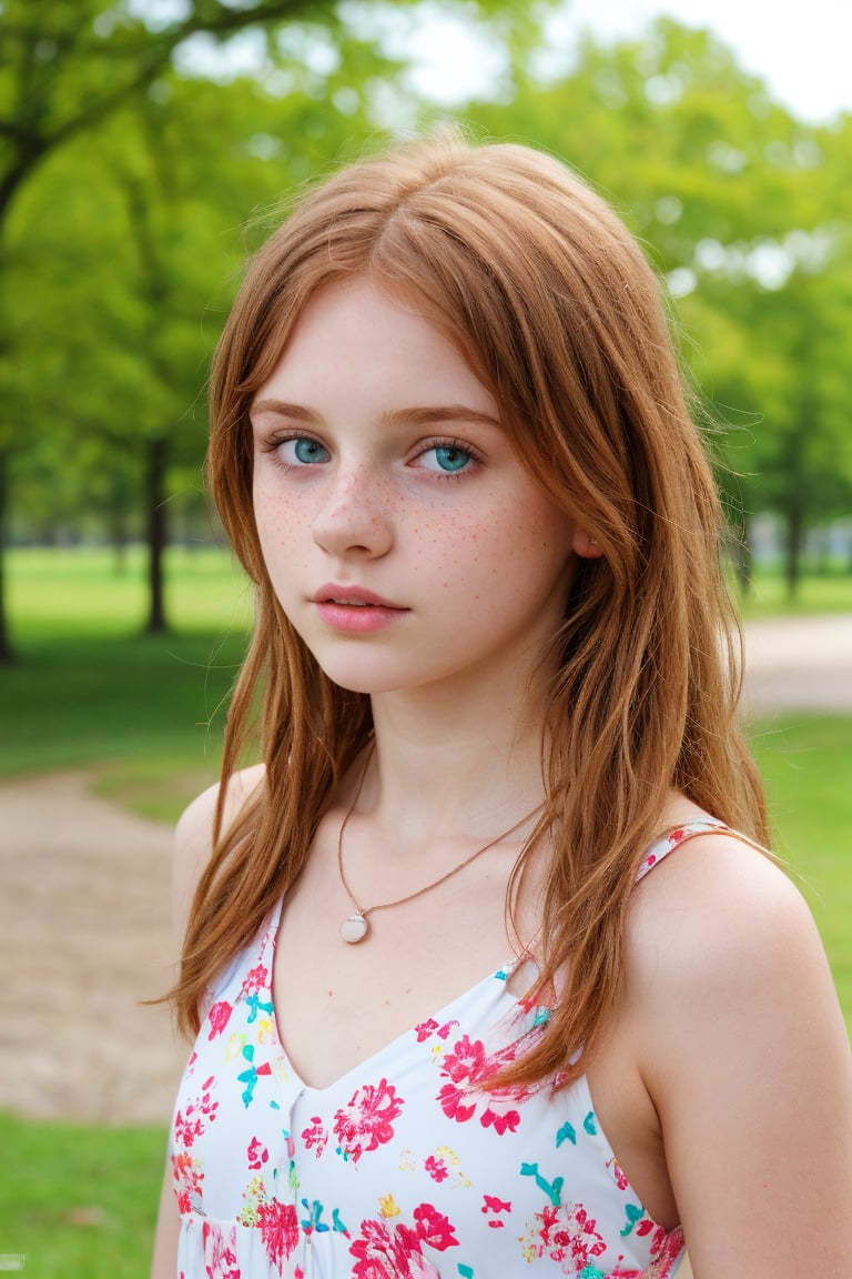 pretty young girl, 17 years old, cute face, hot body, wearing a cute flowered dress, perfect shot, perfect eyes, ginger hair, messy hair, long hair, cute necklace, some freckles on the skin, perfect mounth, no smile, sensual, at the park, half body, real photo, photorealistic, best quality, 8K, 4K, soft collors, dynamic positions, dynamic angles,
