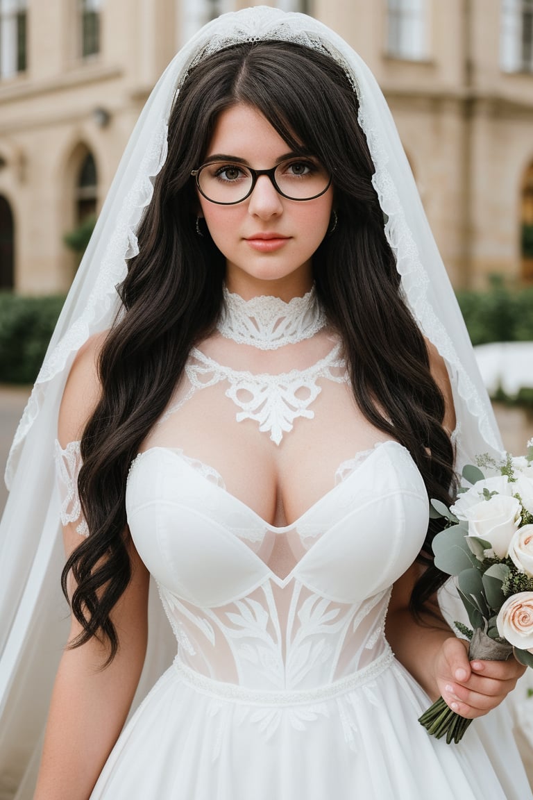 18 year old girl, in her first year of university, plump, tall, brunette, huge breasts, big nipples, big hips, long wavy hair, black hair, round glasses. dressed in beautiful wedding dress, white veil, bouquet of flowers,wedding dress,weddingdress