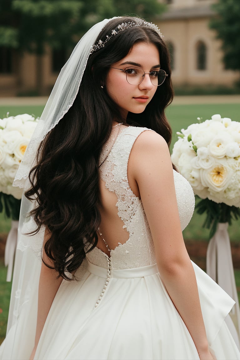 18 year old girl, in her first year of university, plump, tall, brunette, huge breasts, big nipples, big hips, long wavy hair, black hair, round glasses. dressed in beautiful wedding dress, white veil, bouquet of flowers, from behind,wedding dress