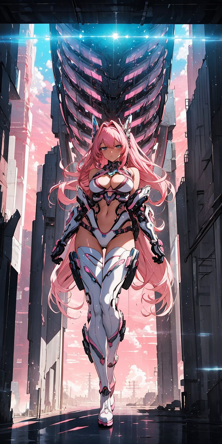 A sultry anime girl stands confidently in a tight framing, showcasing her toned physique and stunning white bikini. Soft lighting wraps around her, highlighting the intricate digital art design and pink boots. Her direct gaze invites the viewer, as biomechanical enhancements blend with a futuristic cityscape or landscape in the background, adding depth to the composition.