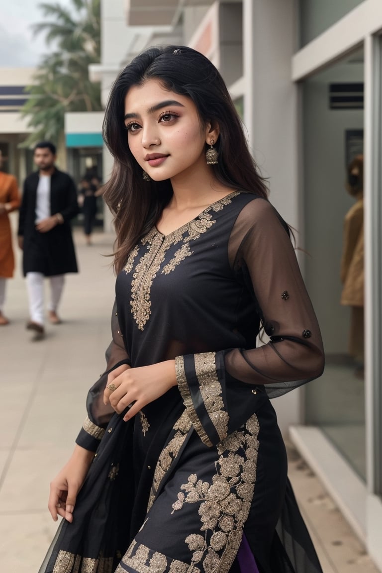 "Mesmerizing Indian teen influencer, 20, captivates onlookers with her enchanting beauty as she strolls past a bustling mall in a trendy kurti, her long, colorful locks dancing in the winter breeze. This breathtaking portrait, shot with a Canon EOS R5 and a 35mm f/1.4 lens, immortalizes her charm and charisma in glorious 8k detail, a testament to the allure of modern Indian fashion and style."