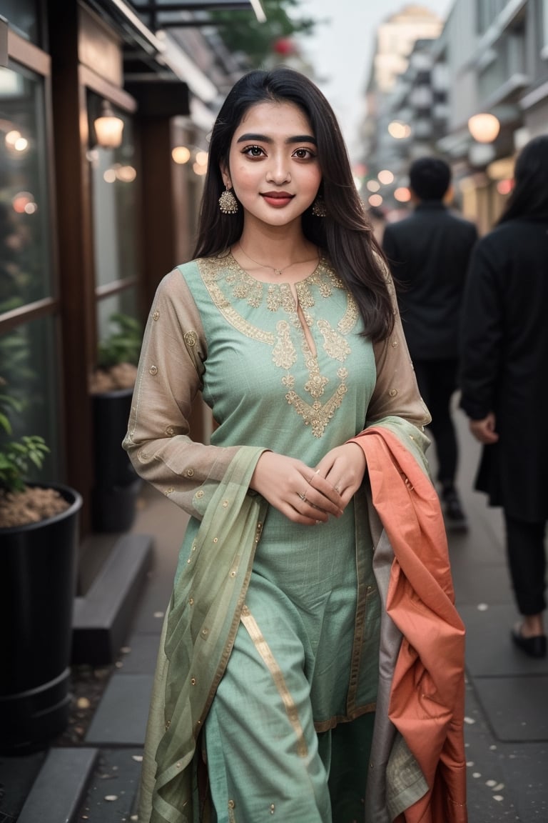 "Exquisite Indian Instagram sensation, 22, radiates elegance in her chic kurti as she gracefully navigates the city streets on a crisp winter evening. This captivating snapshot, taken with a Sony A7III and a 50mm f/1.8 lens, captures her magnetic allure in stunning 8k resolution, celebrating the vibrant spirit of youth and culture."