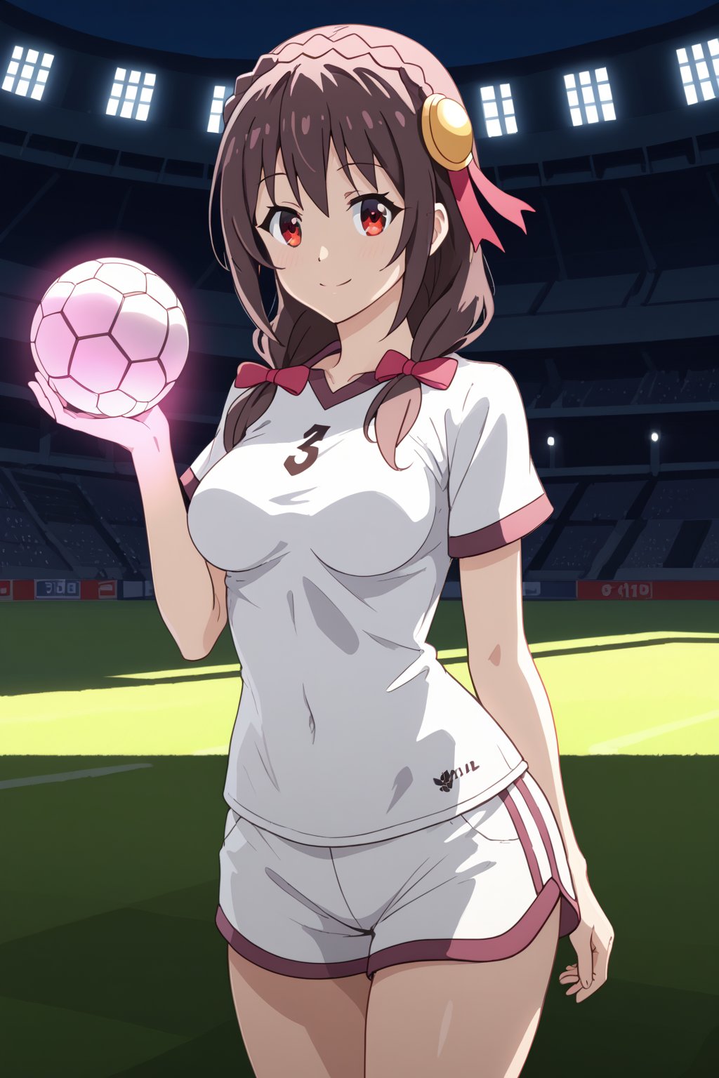 white t-shirt,1girl,anime,soccer stadium, pretty face, perfect face, medium breasts,large_thighs, pretty,perfect body,full_body, pretty,full white long t-shirt round neck white shorts ,Soccer Shoes, (masterpiece, best quality), top quality, top resolution, sharp image, perfect details, perfect lighting, perfect shadows,detailed shadows, perfect lighting, glowing skin,smile,white t-shirt, pose,Yunyun,red eyes,hair ribbon,hair ornament