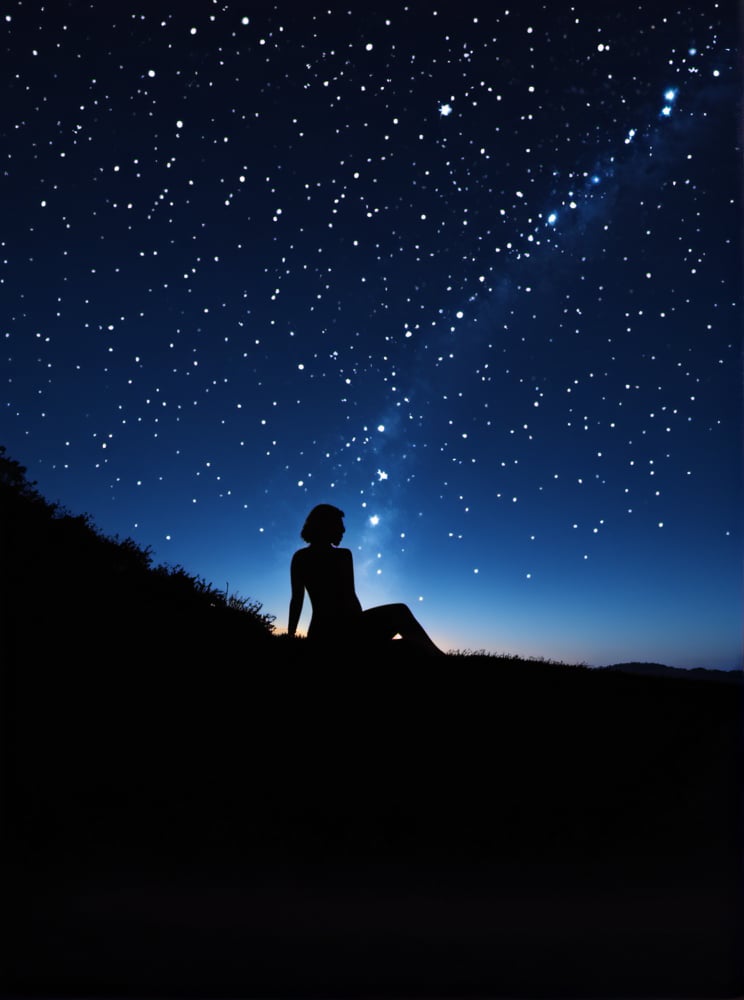 silhouette of an attractive woman's bare curves in the distance laying under the starry night sky