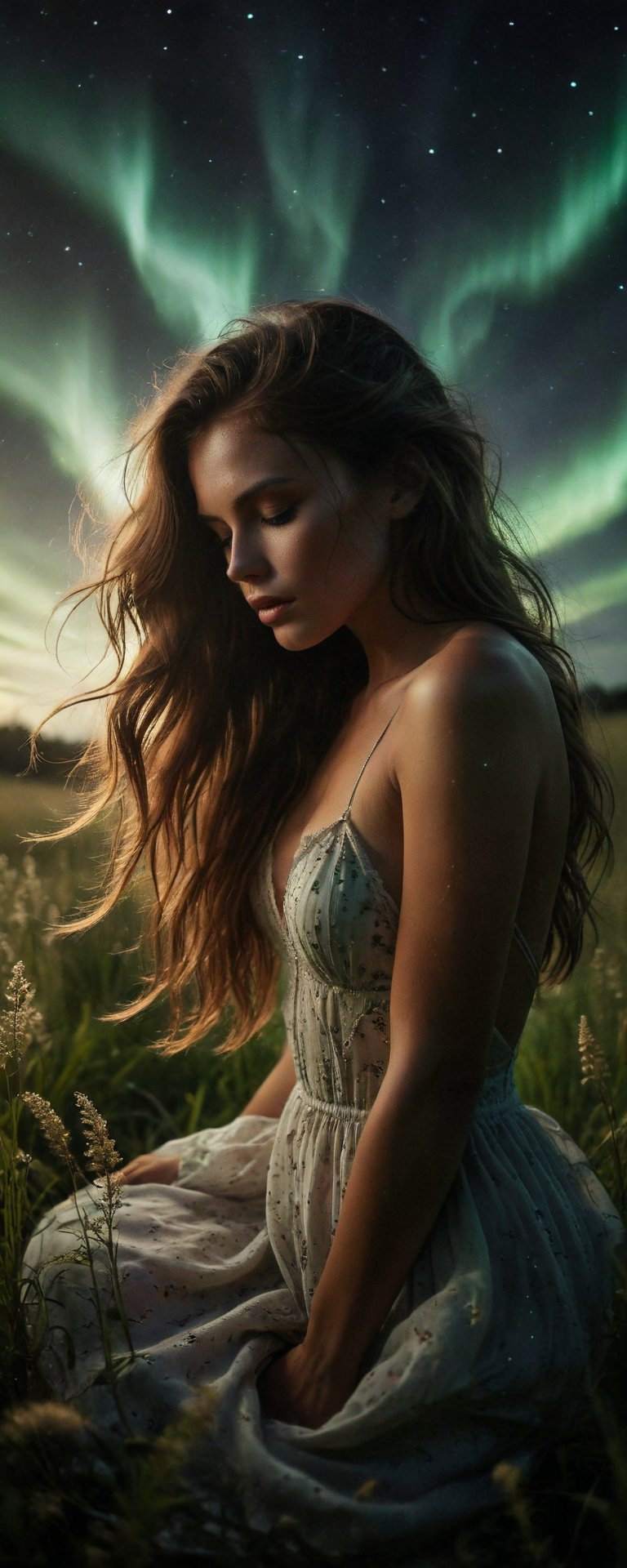 A young tanned woman with beautiful luscious long hair in her 20s lays sensually in a lush field of tall lush green grass, her silhouette gently illuminated by the faint aurora in the night sky.  She is wearing a thin necklace that sways in the wind. The night sky ablaze with the aurora, casting a warm glow on her porcelain skin. Tiny sparks of light dance across the frame, infusing the atmosphere with enchantment. The grass sways softly, creating a hypnotic pattern of movement and light that draws the viewer's eye. far back view, hourglass figure, slender arms and legs