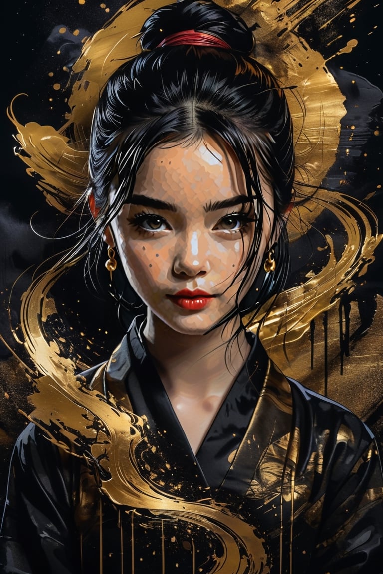 masterpiece, high quality photo, cool tone, (black simple background), colorful cute-girl carved on gold, (wide shot), unpleasant look, drtailed face,INK,ink