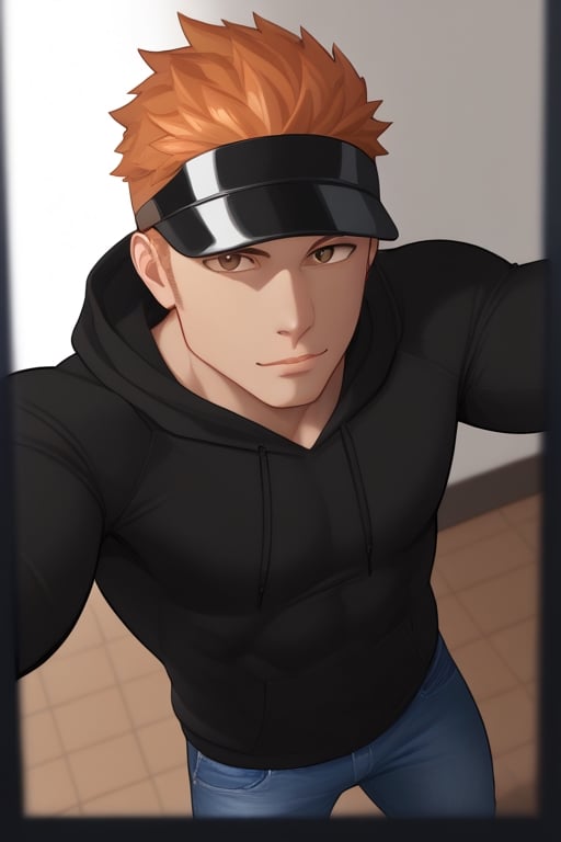 1Guy, muscle, defined eyes, symmetrical eyes, amazing quality, best aesthetic, orange hair, brown dark eyes, solo,hoodie, jeans, full body, Black visor Cap, selfie from above, 