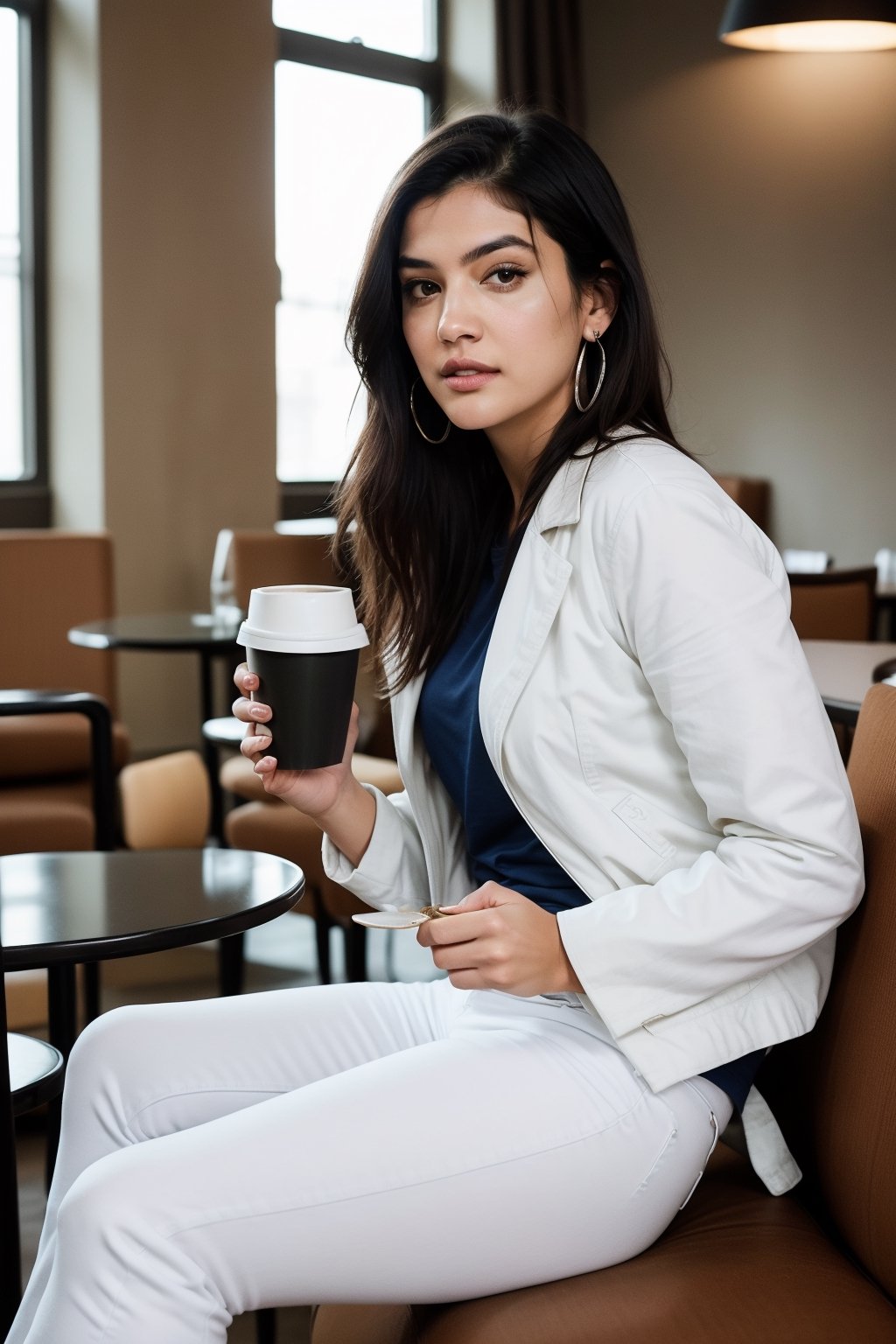 Full body photograph of a girl, 24 years old, looking like Kriti sannon, (((beautiful))), (((realistic,photorealistic))), black hair, green eyes, long hair, white t-shirt, blue jacket, white jeans, blue sneakers, beautiful silver earrings,Elegant, sitting, (((drinking a coffee inside a hotel))), in front of a window, in New York, dynamic agle, cinematic lighting.