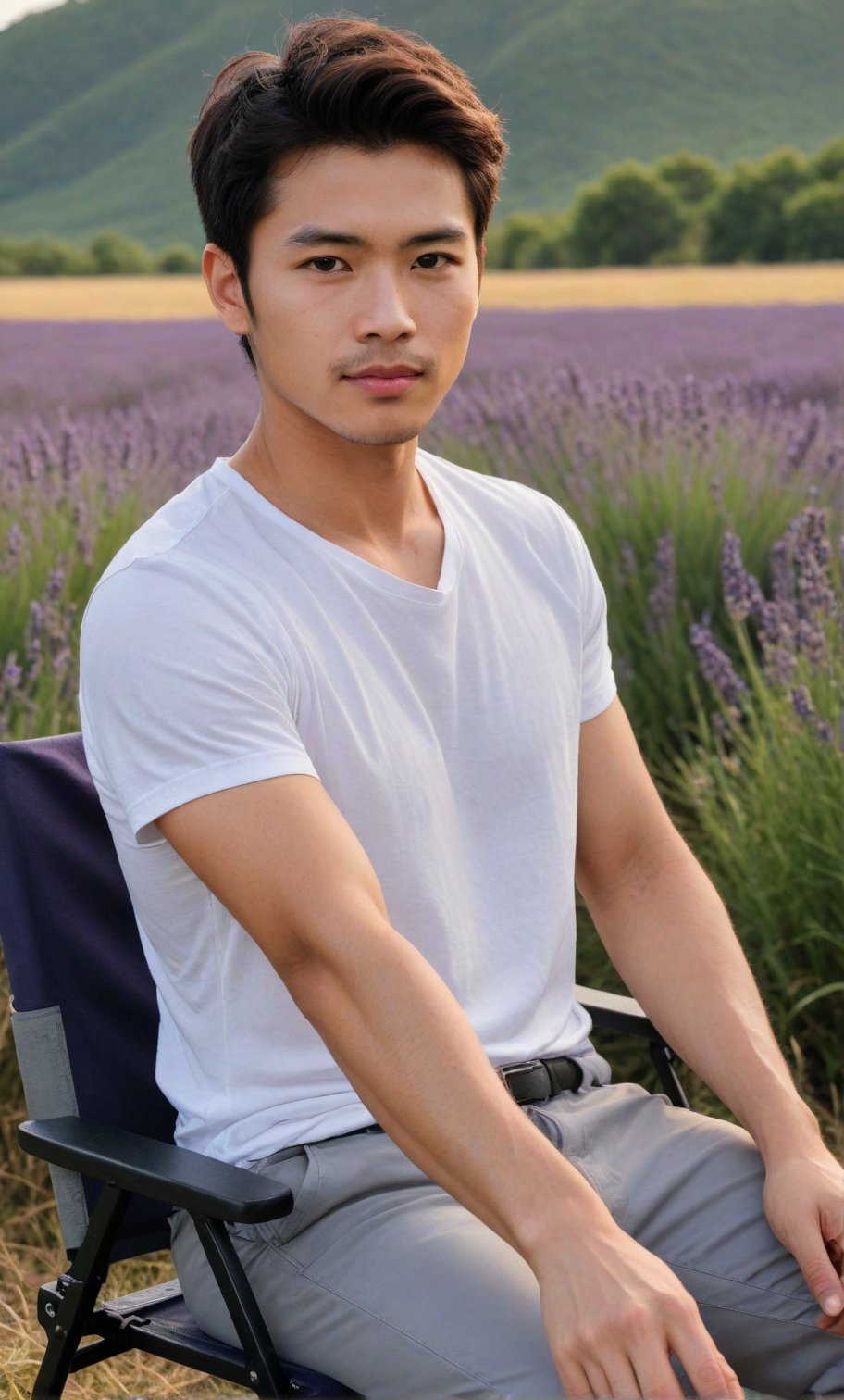 solo, looking at viewer, short hair, black hair, 1boy, white shirt, upper body, sae of flower,short sleeves, male focus, an endless deep horizon background, black eyes, lavender, facial hair, realistic Lavender, lavender,Handsome Taiwanese, 

Sit next coffee cup on camping chair with smart pose against the Lavender field backdrop,black pants,

(((High-impact point: performance detailed of fingers ))), fingers, hand fingers ,perfect finger,  super properly fingers 