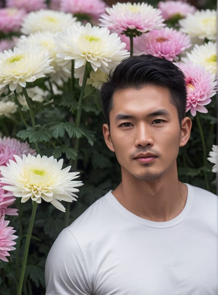 Against the vibrant backdrop of a multi rows of white chrysanthemums((( flower size;16mm.)as tall as he waist, a statuesque chinese man farmer stands tall, his muscular in white t-shirt. He is holding a bouquet of chrysanthemums wrapped in paper. His striking eyes, lock intensely camera, while full and pink lips,Stubble adds a rugged touch to his chiseled features. blonde hair, he exudes confidence in a dynamic pose that seems to defy gravity. The overall atmosphere is one of mystique and intensity. Bokeh by 1.4 Lens 