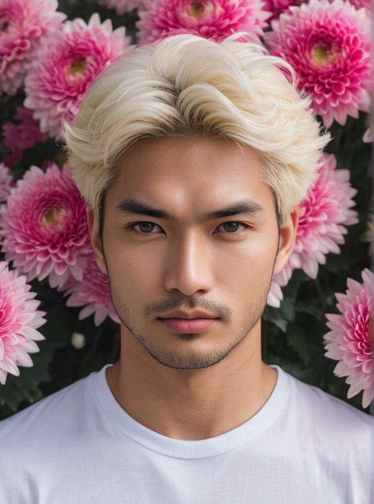 Against the vibrant backdrop of a multi rows of white chrysanthemums((( flower size;16mm.)as tall as he waist, a statuesque chinese man farmer stands tall, his muscular in white t-shirt. He is holding a bouquet of chrysanthemums wrapped in paper. His striking eyes, lock intensely camera, while full and pink lips,Stubble adds a rugged touch to his chiseled features. blonde hair, he exudes confidence in a dynamic pose that seems to defy gravity. The overall atmosphere is one of mystique and intensity. Bokeh by 1.4 Lens 