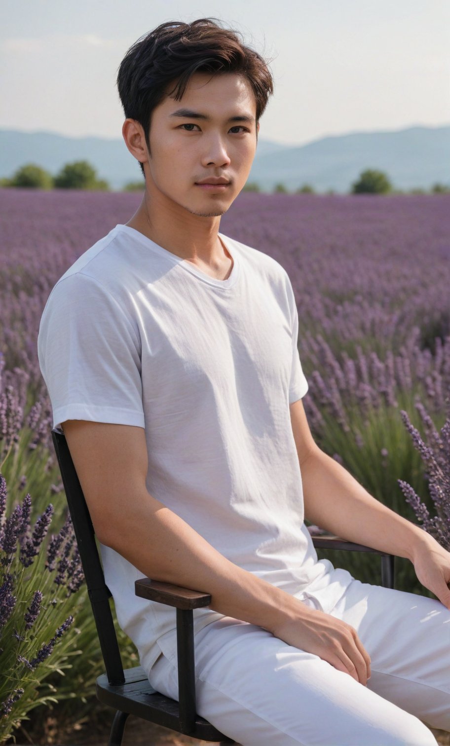 solo, looking at viewer, short hair, black hair, 1boy, white shirt, upper body, sae of flower,short sleeves, male focus, an endless deep horizon background, black eyes, lavender, facial hair, realistic Lavender, lavender,Handsome Taiwanese, 

Sit on chair with smart pose against the Lavender  field backdrop 