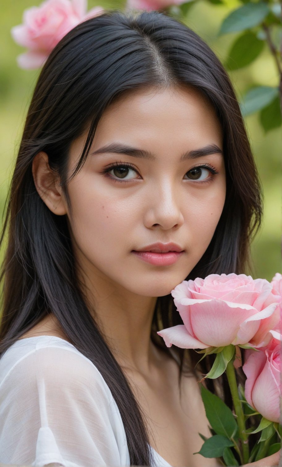 A solo Thai girl, with long black hair framing her face, looks directly at the viewer from outdoors. She wears a white shirt with short sleeves, showcasing her toned upper body. A bouquet of pink flowers, including a prominent pink rose is held delicately in her hands, with a clear space between each hand. Her facial features are accentuated by black eyes and subtle facial hair. The blurred background and focused pink flower in the foreground create a dreamy atmosphere, drawing attention to her captivating gaze.