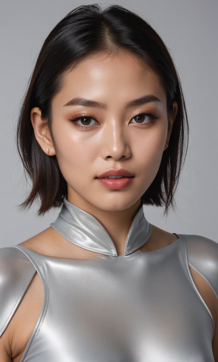 ((aerial view looking down)),The captures a striking young Thai features woman, radiating youth and grace in every flawlessness dewy skin, eyes so smart. She is wearing a liquid metal outfit, with eyeliner in a straight line from under the eyes across the cheeks to the neck so cool , white liner on face, emphasized by ethereal light. Subtle lighting-like highlighting, dynamic pose, action cinematic pose, standard backdrop, gross lipstick., makeup artist,  center photo shot 