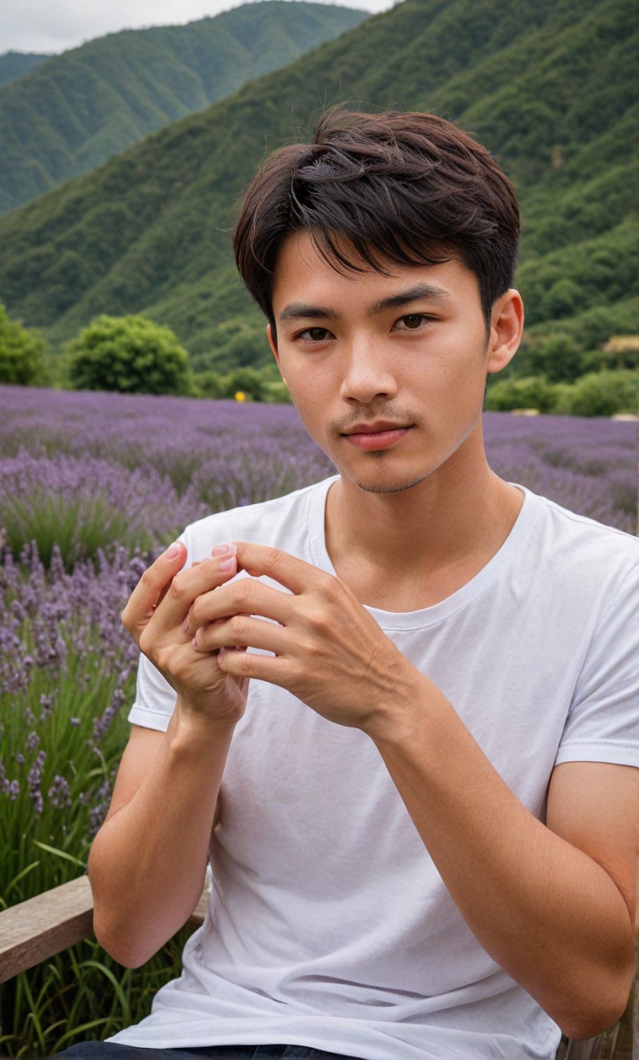 extreme low angle shot, looking at viewer, short hair, black hair, 1boy, white shirt, upper body, sae of flower,short sleeves, male focus, an endless deep horizon background, black eyes, lavender, facial hair, realistic Lavender, lavender,Handsome Taiwanese, 

Sit next coffee cup on camping chair with smart pose against the Lavender field backdrop,black pants,


((( The details of the bending of the fingers in holding the glass are flawlessly reproduced, even down to the fineness of the nails.)))
(((You must be confident that you have space between your fingers.)))
