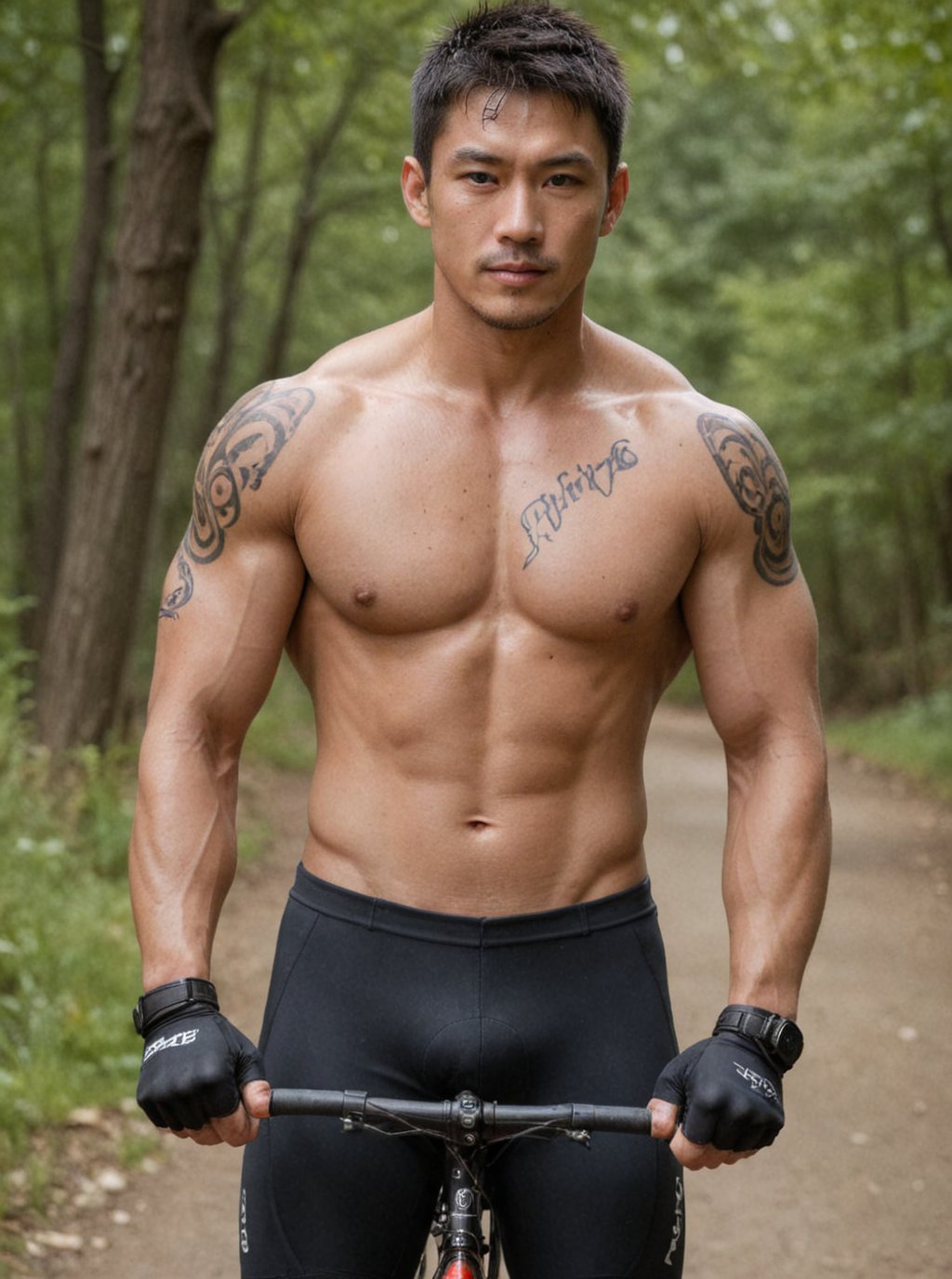 Score_9, score_8_up, score_7_up, score_6_up, score_5_up, score_4_up:
High-impact:100%, No an shadow on face, A rugged Japanese man , short hair, and chiseled physique ,  stands tall, He wearing a Cycling suits that accentuates his impressively chiseled muscles, glove,without bicycle, Sharp focus, dynamic pose with smail, exuding confidence and masculinity ,(cyclin
Without bicycle on picture), outdoors shot, cool body tattoo 