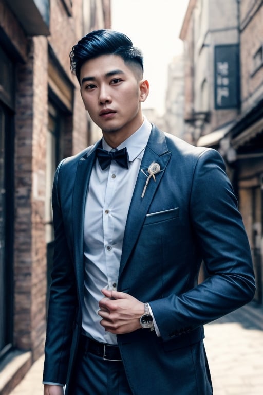 Asian man,handsome,stubble,upperbody photo, body, muscle in suit,realistic,cinematic lighting, trending undercut hairstyle 