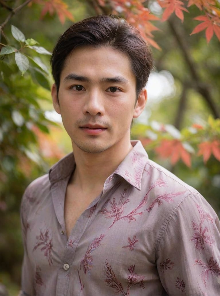 Handsome young man with Korean features, 29 years old, posing in a Japanese  red maple tree, showcasing his physique on 2 pieces unbuttoned shirt, His cheeky, alluring sunlight passes through the gaps in the trees. highlighting his healthy lips,  The Wisteria in front of the model is blurred and has a beautiful softness foreground, sharp men, emphasizing upper body details and strict facial features, Candid Shots captured , focus men,dewy and glistening oiled skin, dramatic face, pointy_teeth, smail,upper_body photography ,Extremely Realistic,sharp:1.4, grisp:1.5,shadow:0.8