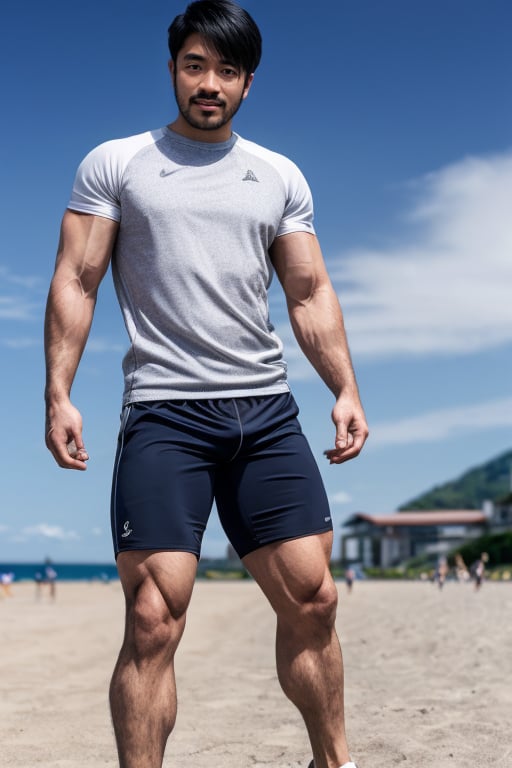 Asian man, handsome , Red glasses frame and reflecting glasses,stubble  , muscle, photorealistic, luxury sportswear ,full_body ,strong legs ,big calf,big calves, jocking at beaches,alone 