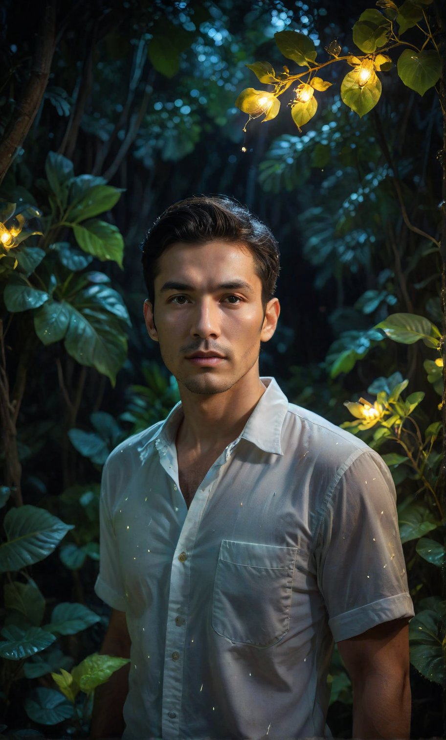 Masterpiece, realistic, lifelike, 1 man, side part hairstyle, standing tall in the lush foliage of a dense jungle at night. In medium shot, his face is illuminated by a soft, glistening, alluring light highlighting his features. The darkness surrounds him, he is wearing a shirt, the night scenery is vivid. It is nighttime, but the model is brightly illuminated. There are lots of fireflies flying around, sparkling brightly, shining bright fireflies, casting a sparkling light on the backdrop. Middle contrast, dynamic face, strict facial features, sharp face.