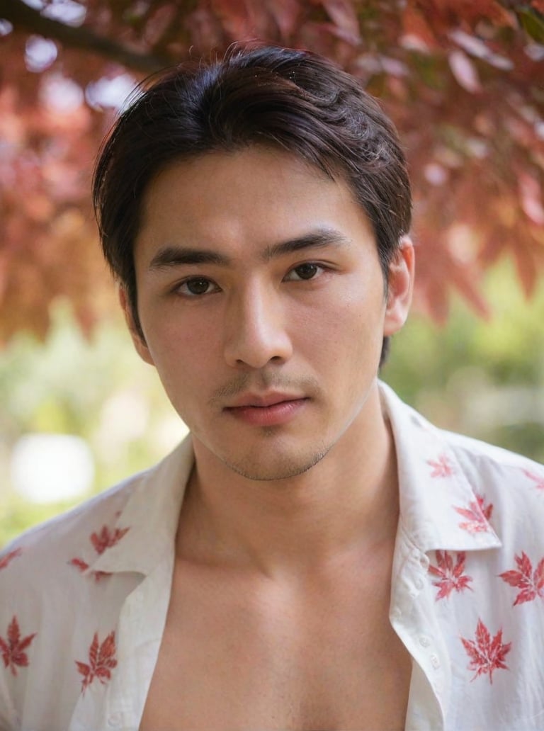 Handsome young man with Korean features, 29 years old, posing in a Japanese  red maple tree, showcasing his physique on 2 pieces unbuttoned shirt, His cheeky, alluring sunlight passes through the gaps in the trees. highlighting his healthy lips,  The Wisteria in front of the model is blurred and has a beautiful softness foreground, sharp men, emphasizing upper body details and strict facial features, Candid Shots captured , focus men,dewy and glistening oiled skin, dramatic face, pointy_teeth, smail,upper_body photography ,Extremely Realistic,sharp:1.4, grisp:1.5,shadow:0.8