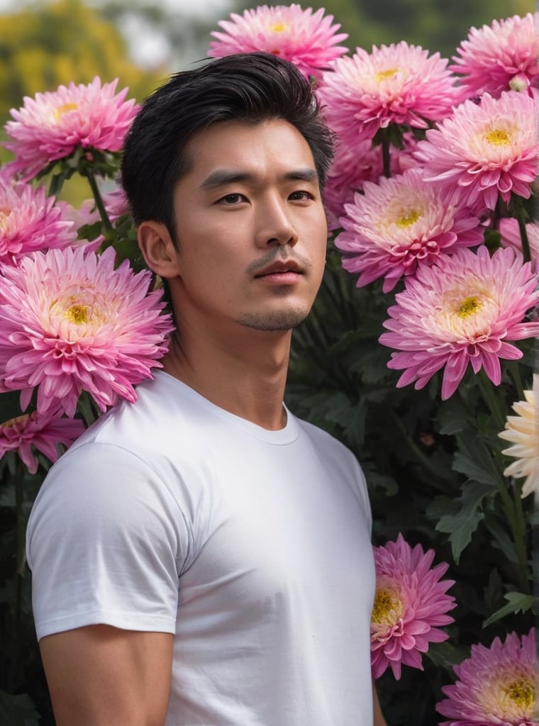 Against the vibrant backdrop of a multi rows of spider chrysanthemums((( flower size;16mm.)as tall as he waist, a statuesque chinese man farmer stands tall, his muscular in white t-shirt. He is holding a bouquet of chrysanthemums wrapped in paper. His striking eyes, lock intensely camera, while full and pink lips,Stubble adds a rugged touch to his chiseled features. blonde hair, he exudes confidence in a dynamic pose that seems to defy gravity. The overall atmosphere is one of mystique and intensity. Bokeh by 1.4 Lens 