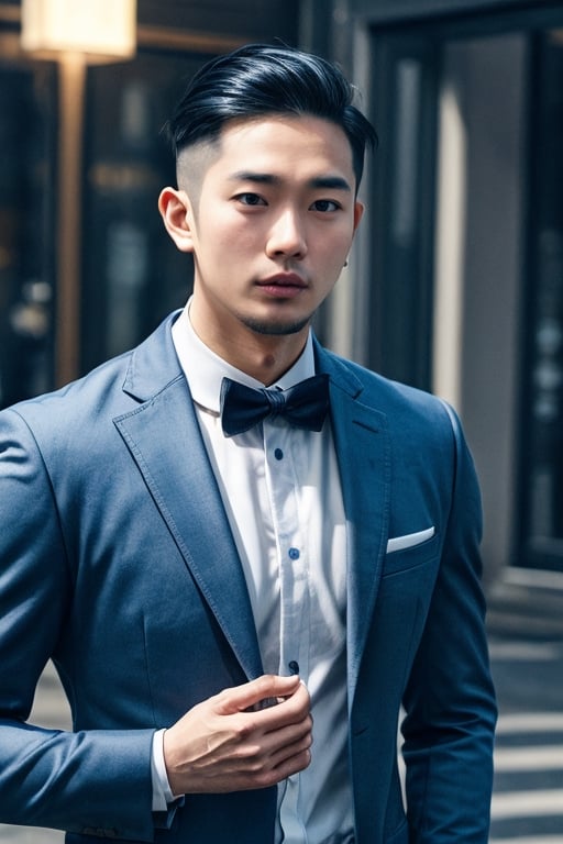 Asian man,handsome , ,stubble,upper body, muscle in suit,realistic,cinematic lighting, trending undercut hairstyle 
