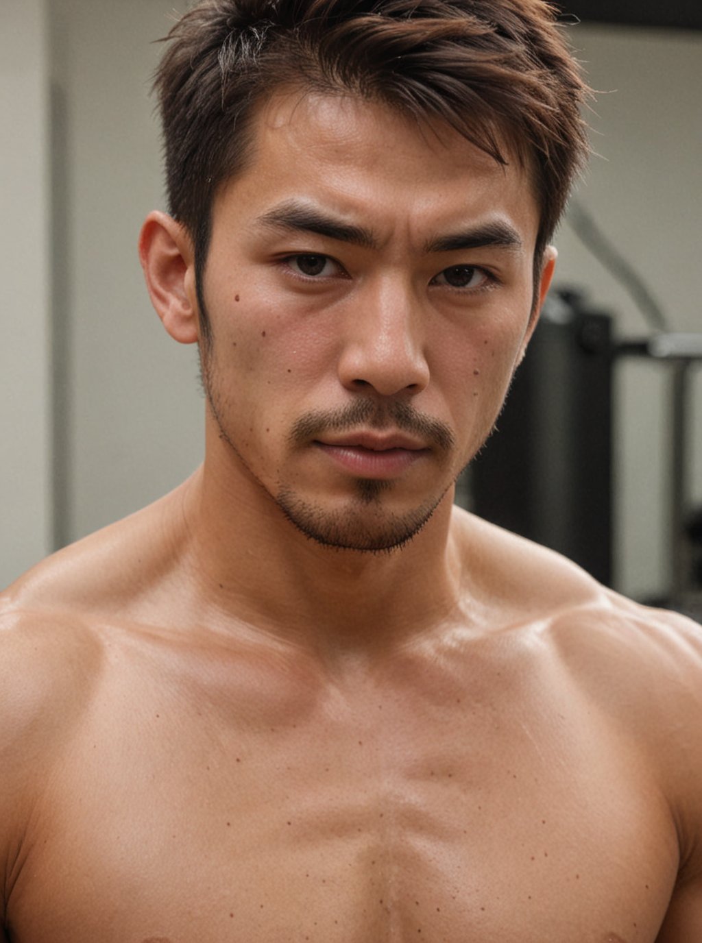 A masterpiece of a poster! In this stunning 8K image, a muscular and hairy Japanese man, with piercing do-me eyes, strikes a pose that exudes sexual provocation. His short hair adds to the allure, as he showcases his impressive physique after a workout, glistening with sweat and oiled skin radiating health. The Americano shot portrait captures every detail in high resolution, featuring flat colors and sharp focus. The Cham22 aesthetic is evident in the exquisite texture and perfect focus on this score_9 masterpiece.