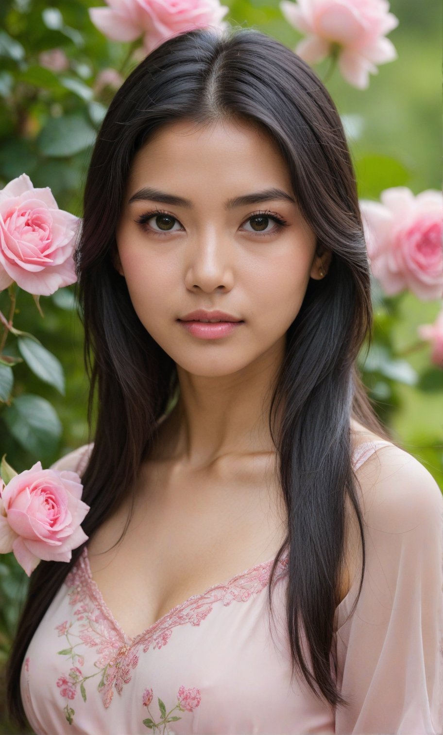 A solo Thai girl, with long black hair framing her face, looks directly at the viewer from outdoors. She wears a soft pink dress with rose pattern, showcasing her toned upper body. A bouquet of pink flowers, including a prominent pink rose is held delicately in her hands, with a clear space between each hand. Her facial features are accentuated by black eyes and subtle facial hair. The blurred background and focused pink flower in the foreground create a dreamy atmosphere, drawing attention to her captivating gaze.