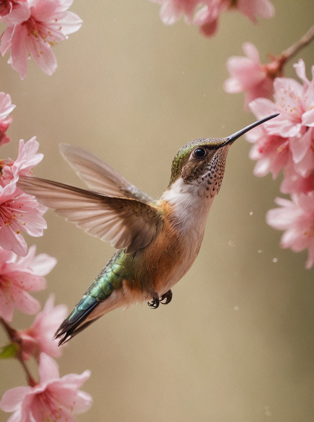 Up-close shot of delicate cherry blossom petals suspended in mid-air, gently swaying and soft-focus blurred. The hummingbird's wings beat rapidly as it flies towards the camera, its iridescent feathers glistening in warm sunlight. Background a soft blur, emphasizing the tiny subject. Lifelike details and ultra-realistic display bring this intimate moment to life.