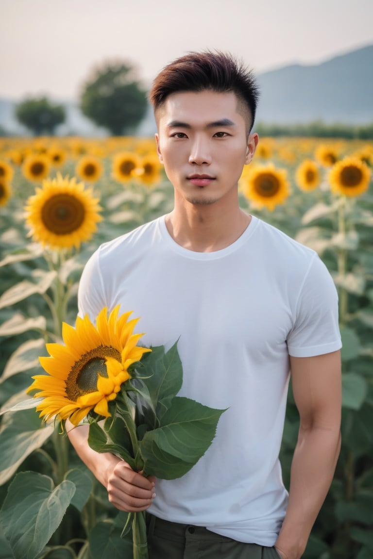 multi rows of sunflowers, tall as he waist,
Young chinese man stands tall and smelling the sunflower, his muscular in white t-shirt. He is holding a bouquet of flowers wrapped in paper. His striking eyes, lock intensely camera, while full and pink lips,Stubble,blonde hair, dynamic pose ,Bokeh by F1.4 Lens,soft bokeh bulr, man and woman 