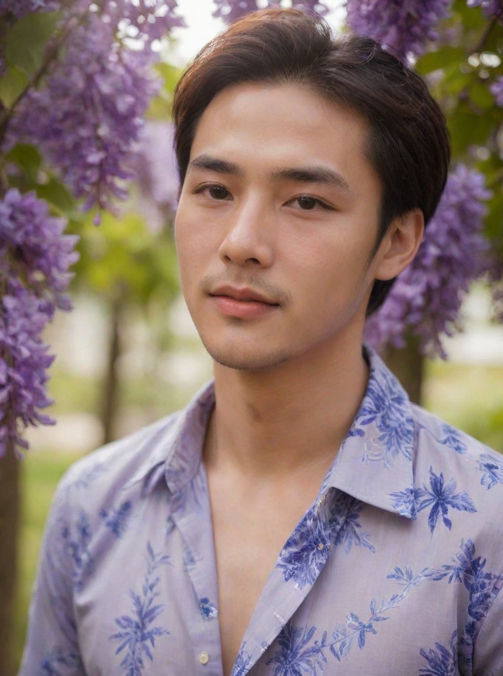 Handsome young man with Korean features, 29 years old, posing in a Wisteria tree, showcasing his physique on 2 pieces unbuttoned shirt, His cheeky, alluring sunlight passes through the gaps in the trees. highlighting his healthy lips,  The Wisteria in front of the model is blurred and has a beautiful softness foreground, sharp men, emphasizing upper body details and strict facial features, Candid Shots captured , focus men,dewy and glistening oiled skin, dramatic face, pointy_teeth, smail,upper_body photography ,Extremely Realistic,sharp:1.4