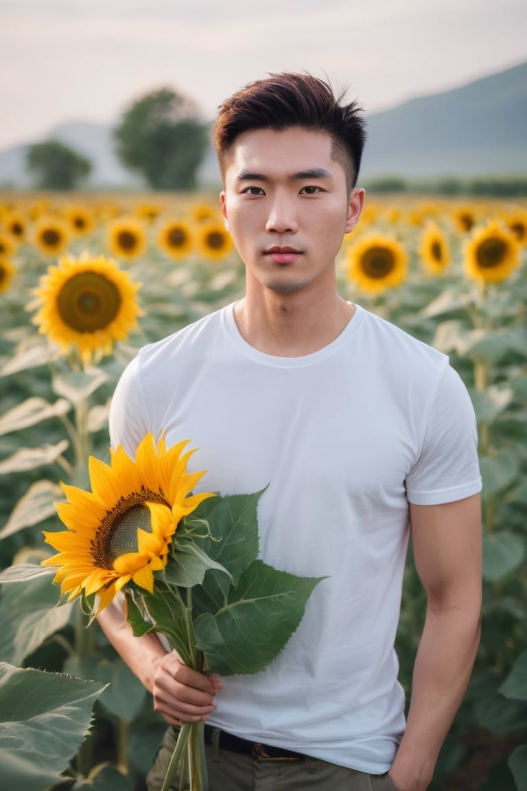 multi rows of sunflowers, tall as he waist,
Young chinese man stands tall and smelling the sunflower, his muscular in white t-shirt. He is holding a bouquet of flowers wrapped in paper. His striking eyes, lock intensely camera, while full and pink lips,Stubble,blonde hair, dynamic pose ,Bokeh by F1.4 Lens,soft bokeh bulr, man and woman 