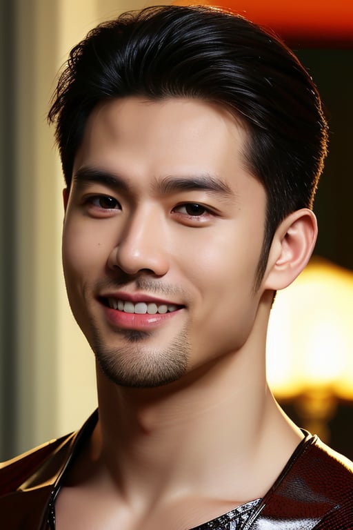 Masterpiece of Thai man, really handsome, smart looking, stubble, side part hairstyle, showcasing his youthful ,charm features, cute smile, high-impact face detail, lifelike photography showcasing his physique, glistening with oiled skin that accentuates every sharp feature,perfect proportions  