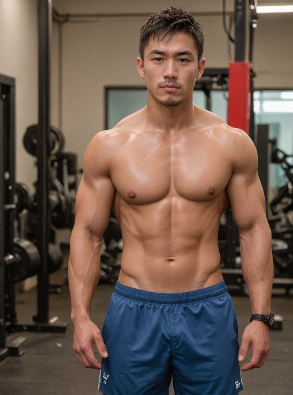 A rugged Japanese man with piercing dome eyes, short hair, and chiseled physique glistens with sweat, radiating health after a intense workout. In an Americano shot portrait ( fullbodyshot), flat colors and sharp focus highlight his impressively chiseled muscles, oiled skin, and alluring texture as he strikes a provocative pose., big bulge 