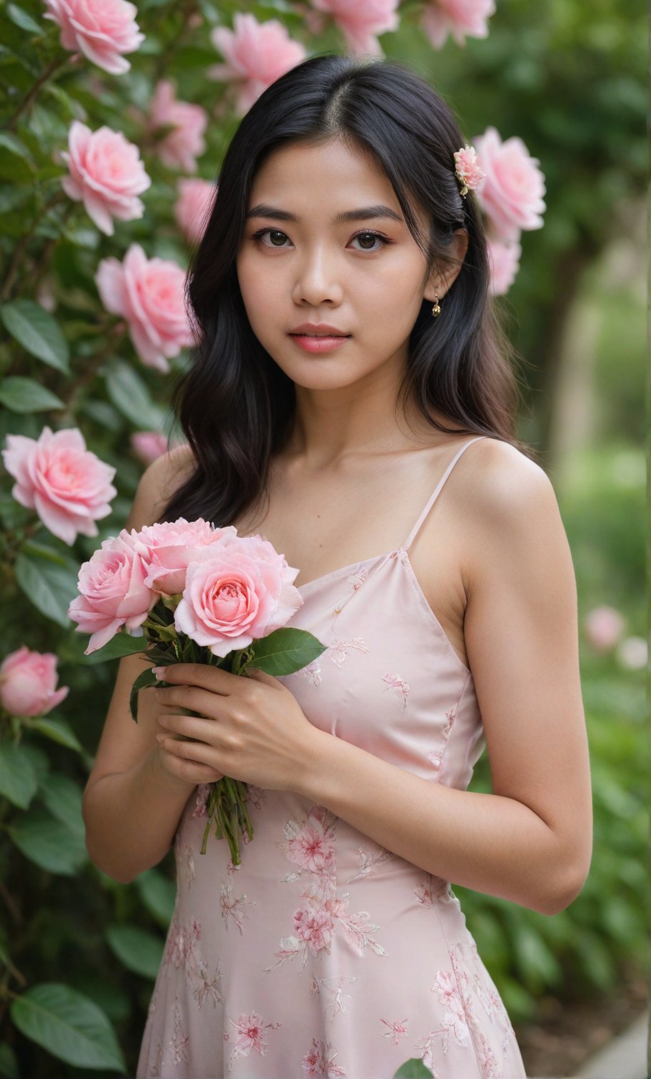 A solo Thai girl, with long black hair framing her face, looks directly at the viewer from outdoors. She wears a soft pink dress with rose pattern, showcasing her toned upper body. A bouquet of pink flowers, including a prominent pink rose is held delicately in her hands, with a clear space between each hand. Her facial features are accentuated by black eyes and subtle facial hair. The blurred background and focused pink flower in the foreground create a dreamy atmosphere, drawing attention to her captivating gaze.