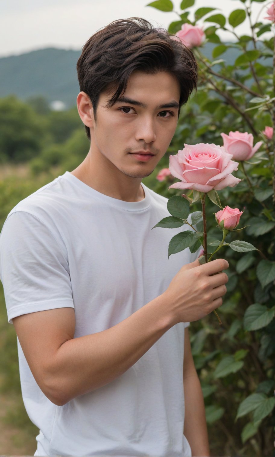 solo, looking at viewer, short hair, black hair, 1boy, white shirt, upper body, sae of flower,short sleeves, male focus, outdoors, an endless deep horizon background, blurry, black eyes, blurry background, rose, facial hair, t-shirt, pink flower, bouquet, realistic, pink rose,Handsome  Taiwanese, held roses in him arms, be sure he hand position is had a clear space between hand.