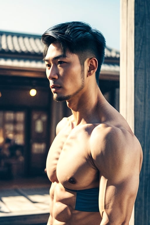 Asian man,handsome,stubble,upperbody photo, body, muscle in top ten,realistic,cinematic lighting, trending undercut hairstyle 