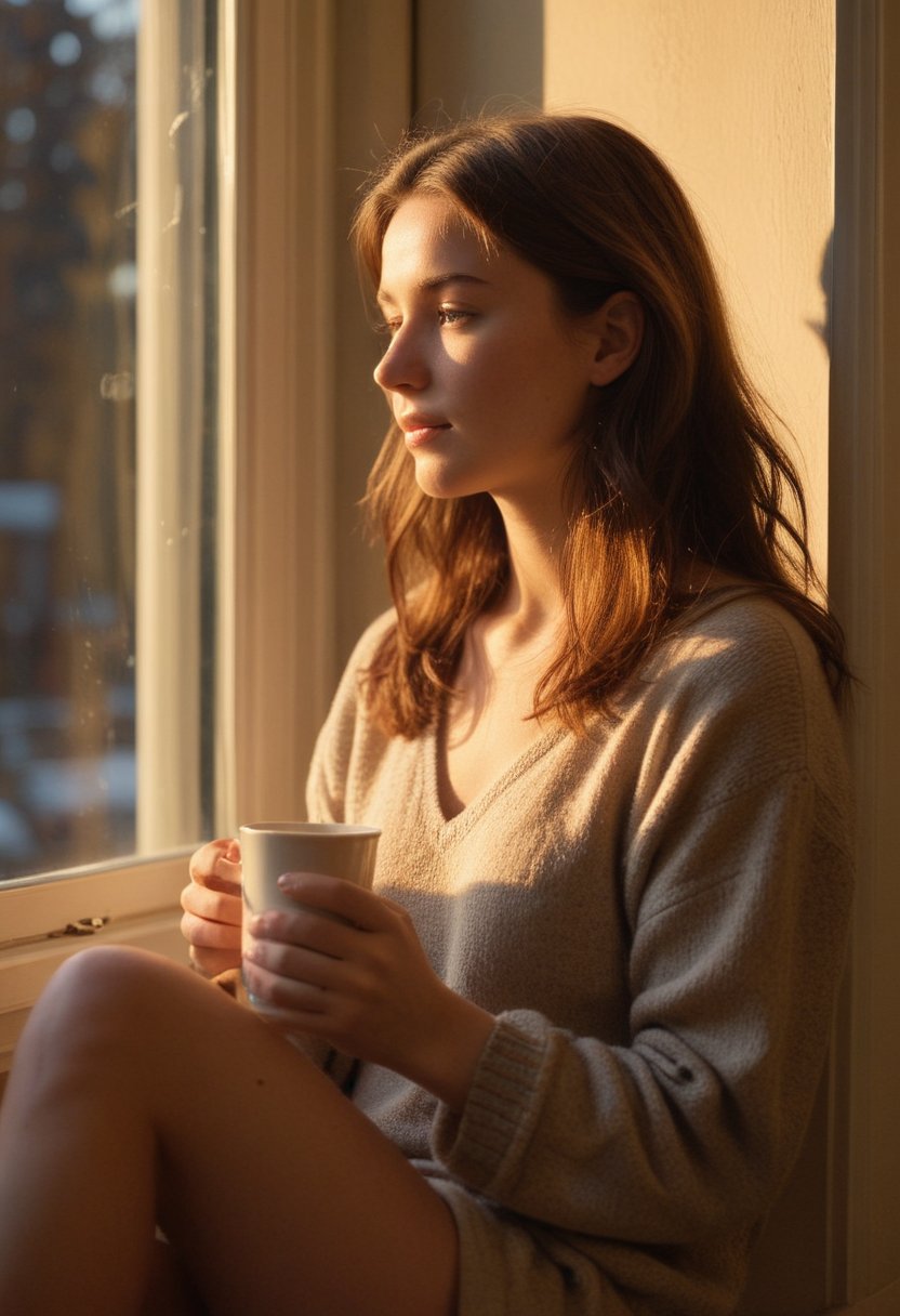 A young girl, cradling a steaming coffee cup in her hands, sits by the window, bathed in the warm glow of early morning light. The soft illumination casts a cozy ambiance as she gazes outside, lost in thought.